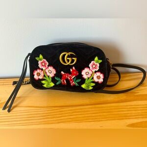 Gucci Velvet Crossbody Purse, embroidered deer and flower, pink silk lining.
